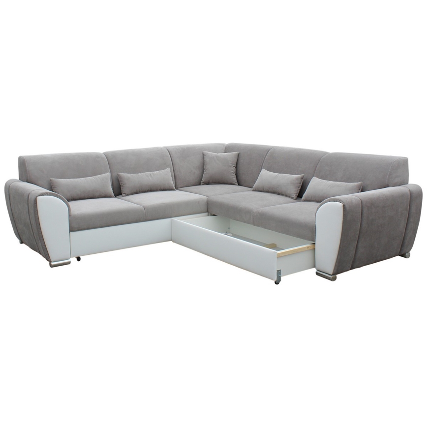 Išskleidžiama L formos kampinė sofa VISEU su daiktų laikymo vieta, dešinė, pilka/balta