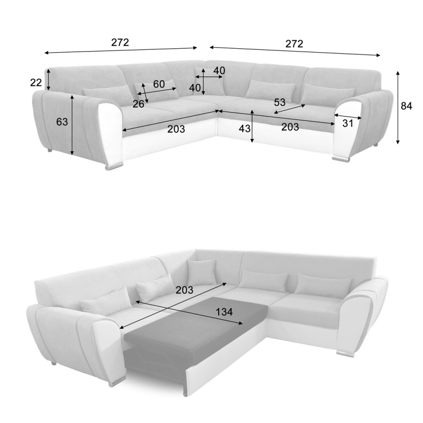 Išskleidžiama dešinės pusės L formos kampinė sofa-lova VISEU su daiktų dėže, pilka/juoda