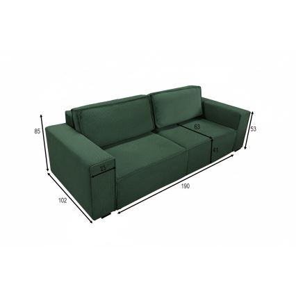 Išskleidžiama trijų vietų sofa RONDA su daiktų dėže, žalia