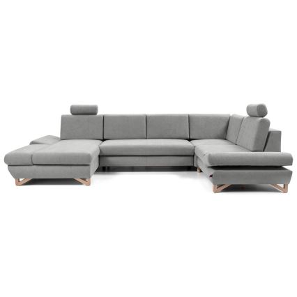 Išskleidžiama U formos apmušta kampinė sofa AVESTA, pilka, su patogia daiktadėže