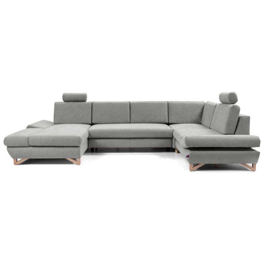 Išskleidžiama U formos apmušta kampinė sofa AVESTA, pilka, su patogia daiktadėže