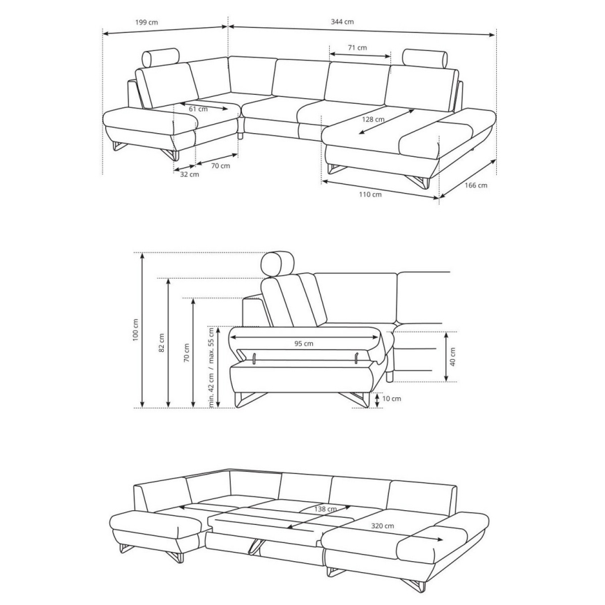 Išskleidžiama U formos apmušta kampinė sofa AVESTA, pilka, su patogia daiktadėže