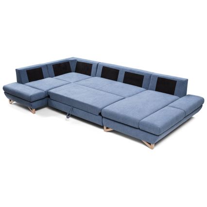 Išskleidžiama kampinė apmušta sofa AVESTA, U formos, su talpia daiktadėže, mėlyna