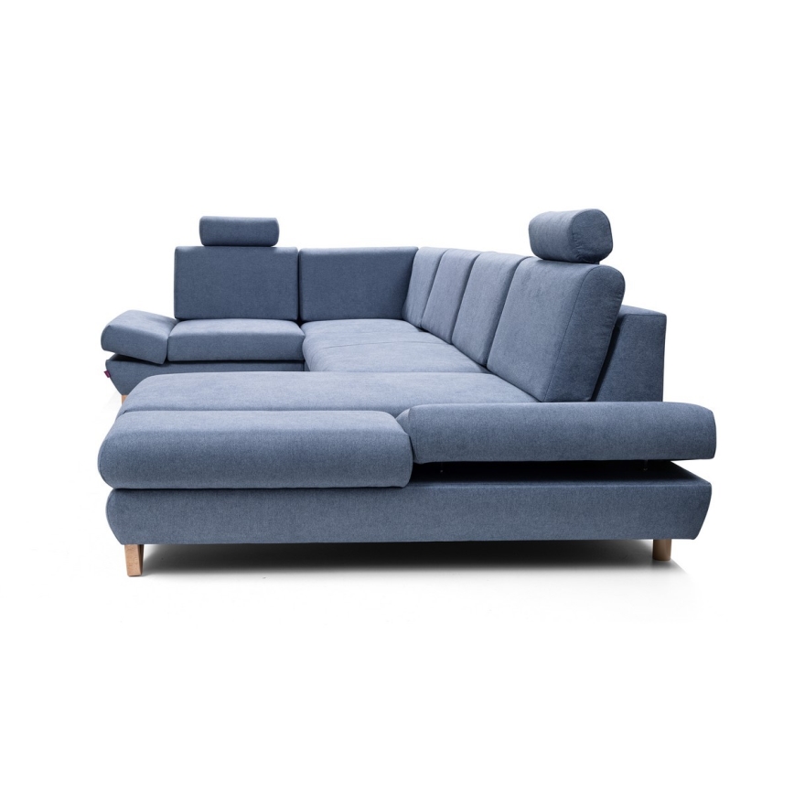 Išskleidžiama kampinė apmušta sofa AVESTA, U formos, su talpia daiktadėže, mėlyna