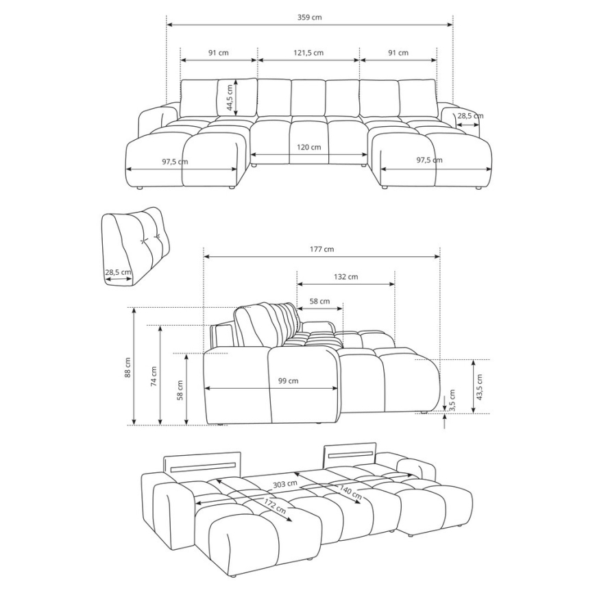 Išskleidžiama U formos apmušta kampinė sofa su talpia daiktų saugykla ALMADA, smėlio spalvos