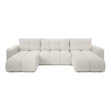 Išskleidžiama U formos apmušta sofa-lova su patalynės dėže ALMADA, smėlio spalvos