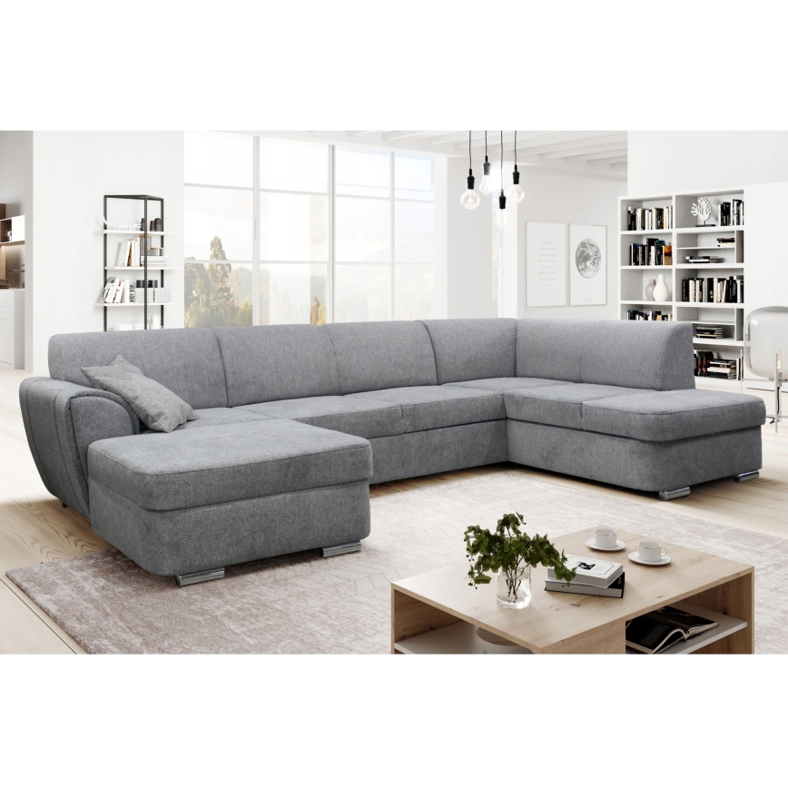 Išskleidžiama U formos dešinės pusės kampinė sofa-lova SERPA su erdvia daiktų laikymo dėže, pilka