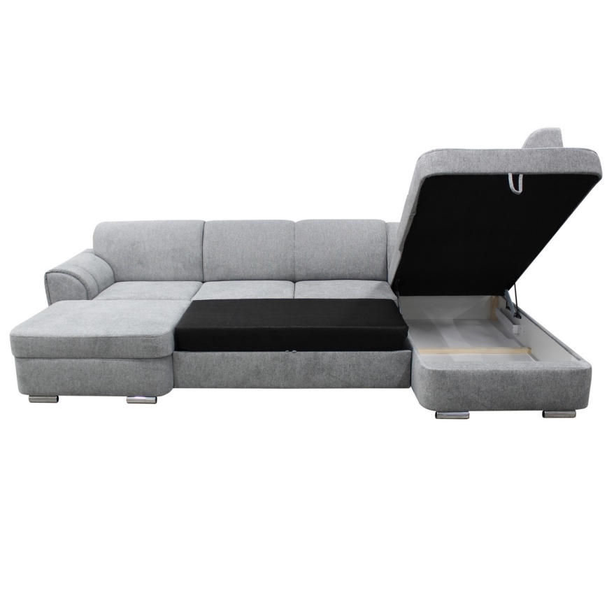 Išskleidžiama U formos dešinės pusės kampinė sofa-lova SERPA su erdvia daiktų laikymo dėže, pilka