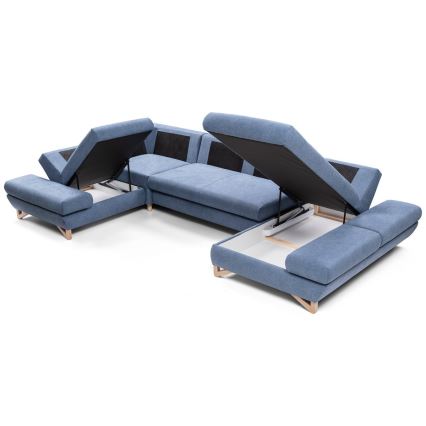 Išskleidžiama kampinė apmušta U formos sofa su daiktų laikymo vieta AVESTA mėlyna