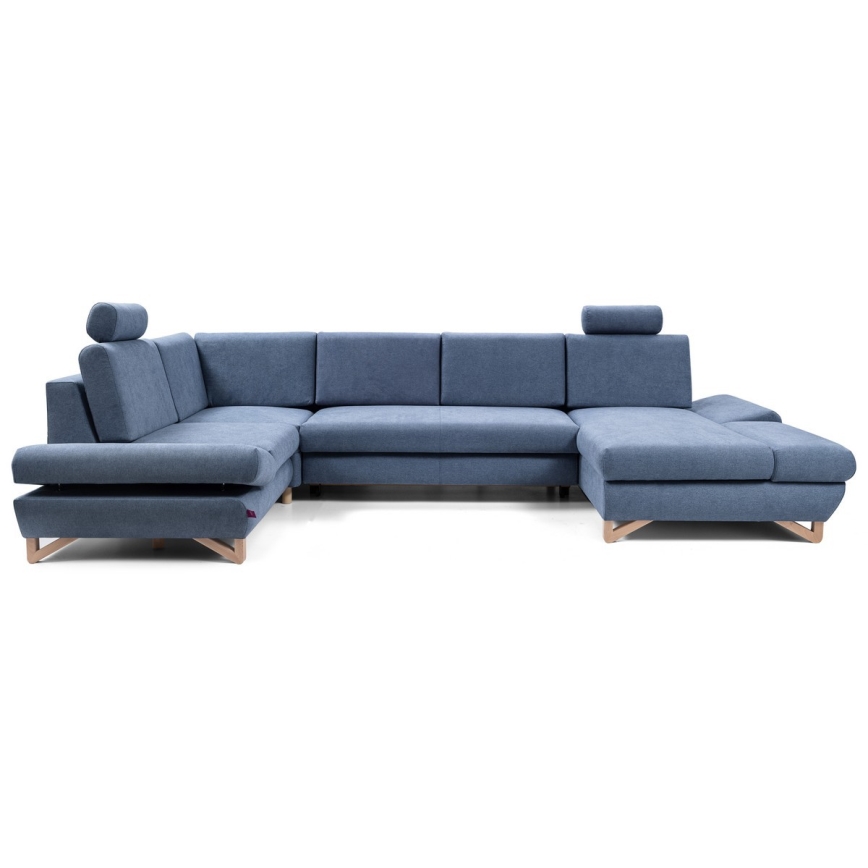 Išskleidžiama kampinė apmušta U formos sofa su daiktų laikymo vieta AVESTA mėlyna