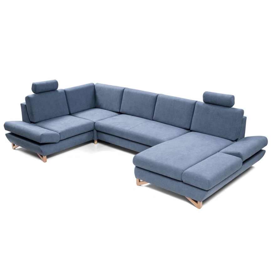 Išskleidžiama kampinė apmušta U formos sofa su daiktų laikymo vieta AVESTA mėlyna