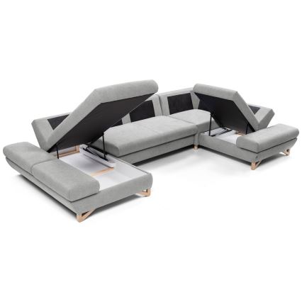 Išskleidžiama U formos kampinė minkšta sofa su daiktadėže AVESTA, pilka