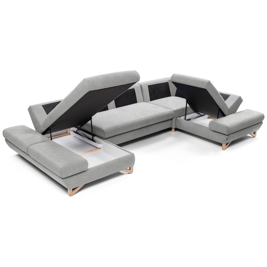 Išskleidžiama U formos kampinė minkšta sofa su daiktadėže AVESTA, pilka
