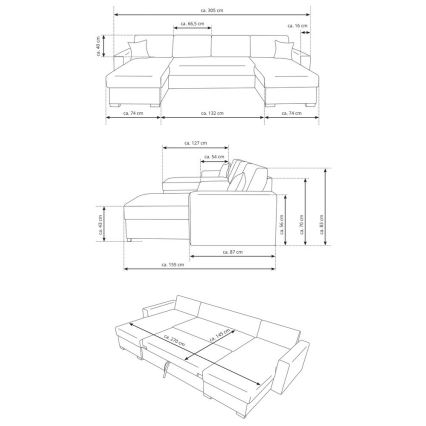 Išskleidžiama U formos kampinė sofa JANISE, pilka, su miego funkcija ir patalpa daiktams