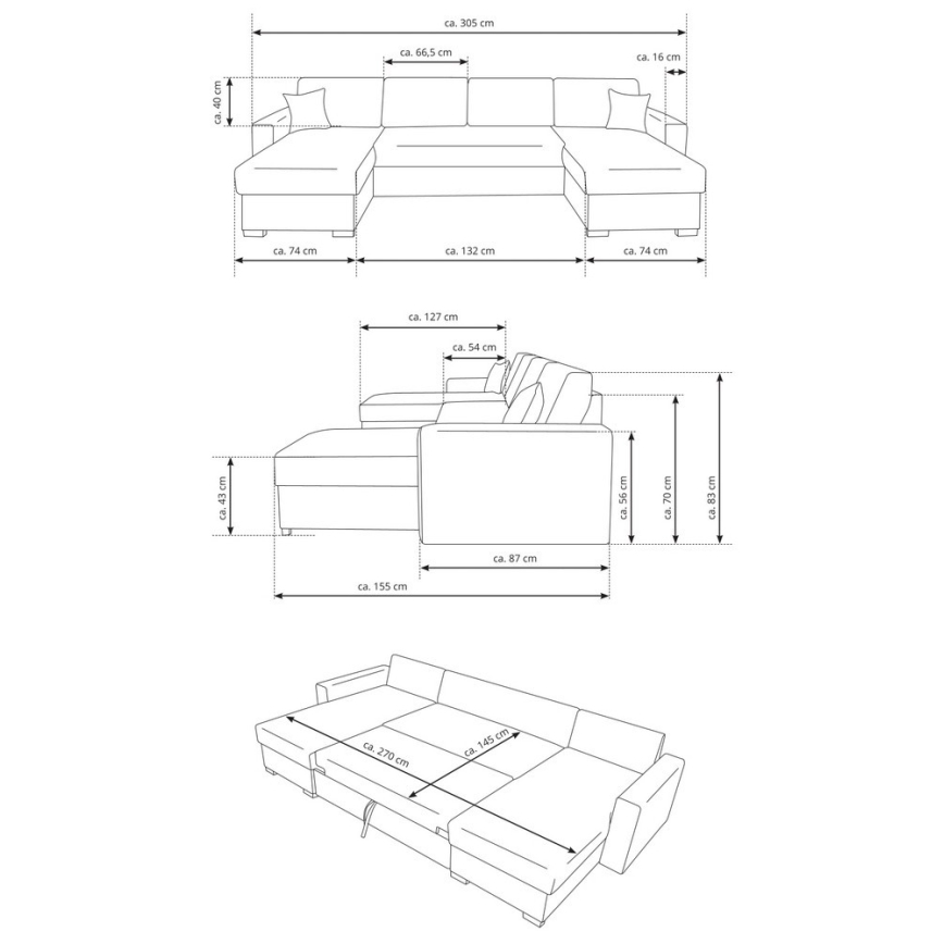 Išskleidžiama U formos kampinė sofa-lova JANISE su sandėliavimo skyriumi, pilka