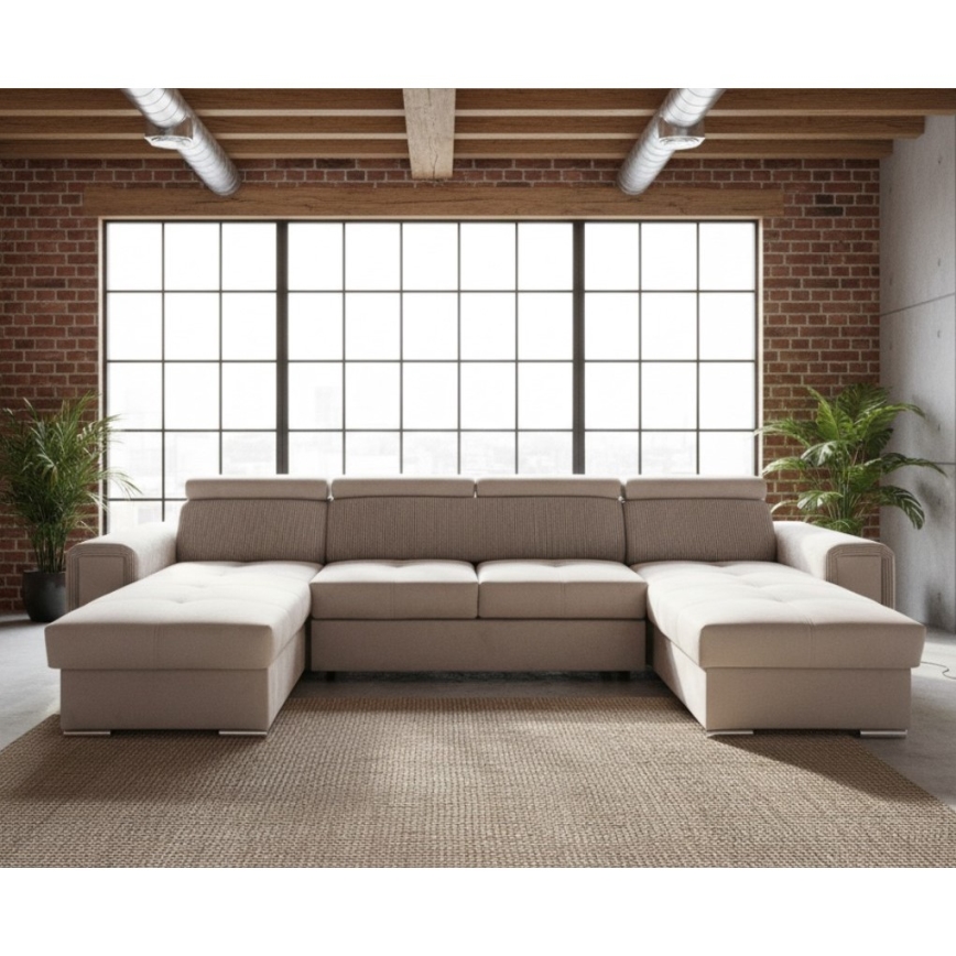 Išskleidžiama U formos kampinė sofa-lova SALVADA su universaliu kampu ir talpia daiktų laikymo vieta, smėlio spalvos