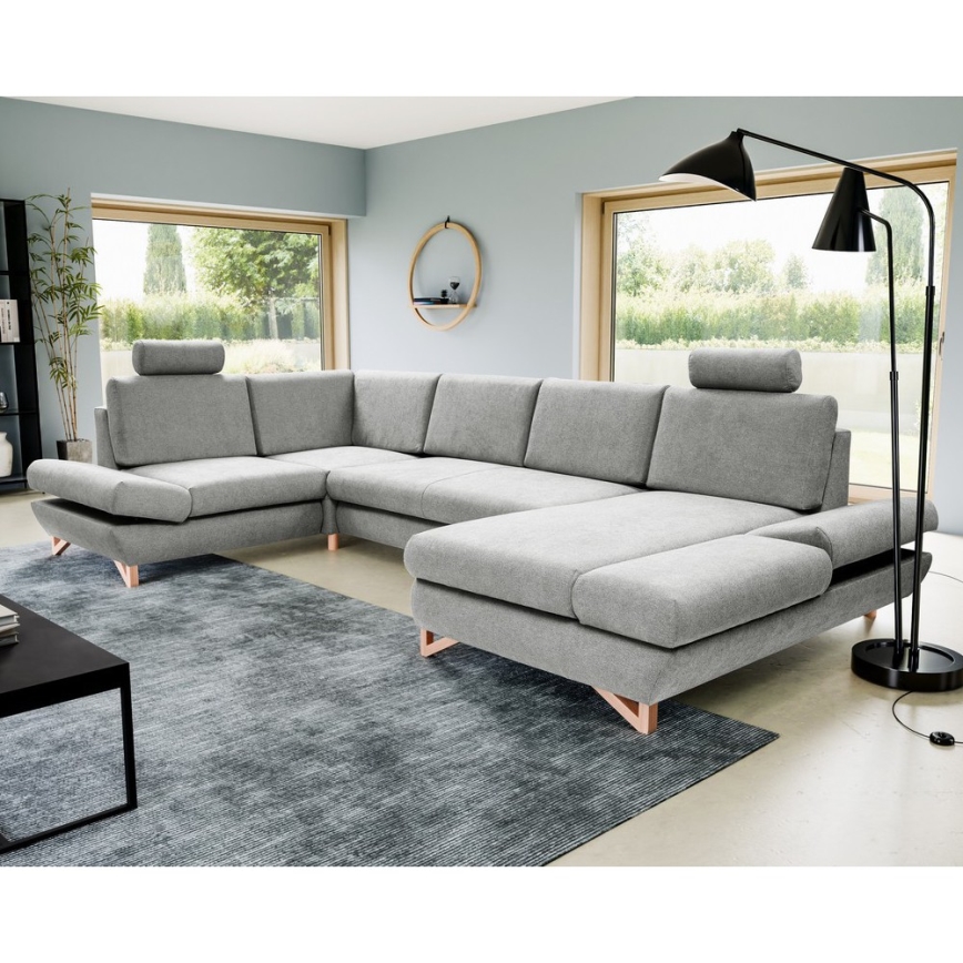 Išskleidžiama U formos kampinė sofa-lova su patalynės dėže AVESTA pilka