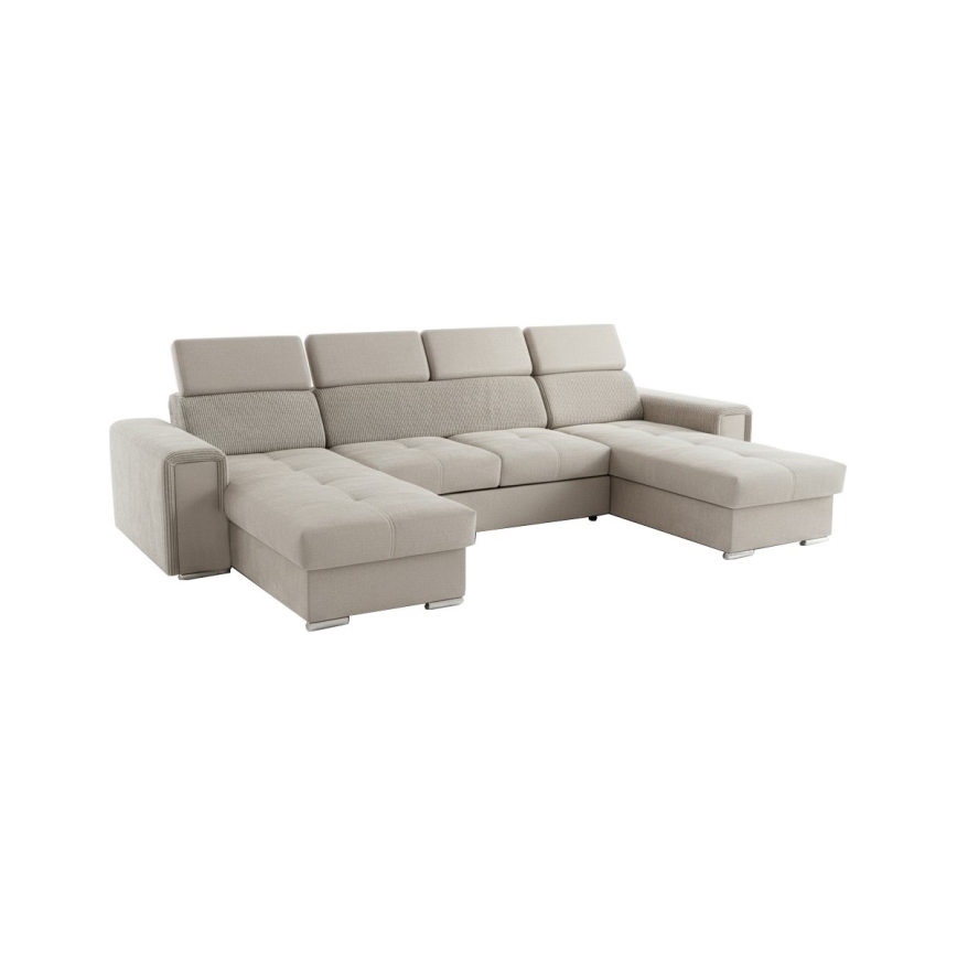 Išskleidžiama U formos kampinė sofa-lova SALVADA su universaliu kampu ir talpia daiktų laikymo vieta, smėlio spalvos