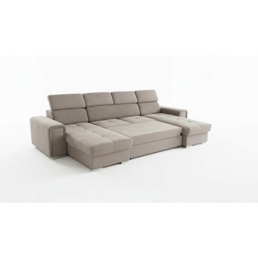 Išskleidžiama U formos kampinė sofa-lova SALVADA su universaliu kampu ir talpia daiktų laikymo vieta, smėlio spalvos