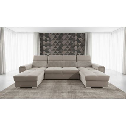 Išskleidžiama U formos kampinė sofa-lova SALVADA su universaliu kampu ir talpia daiktų laikymo vieta, smėlio spalvos