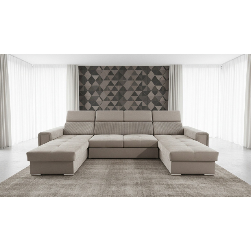 Išskleidžiama U formos kampinė sofa-lova SALVADA su universaliu kampu ir talpia daiktų laikymo vieta, smėlio spalvos