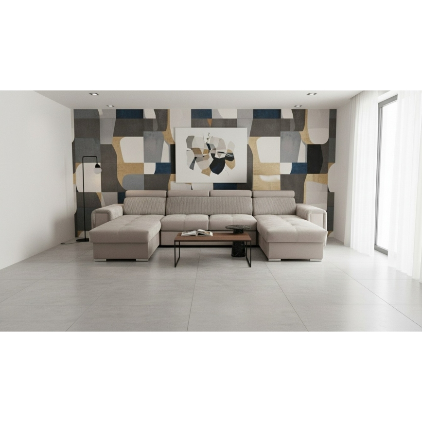 Išskleidžiama U formos kampinė sofa-lova SALVADA su universaliu kampu ir talpia daiktų laikymo vieta, smėlio spalvos