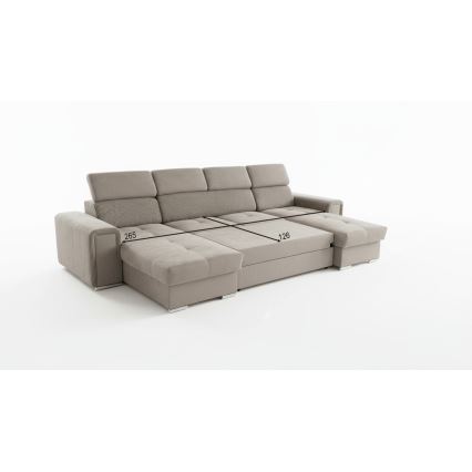 Išskleidžiama U formos kampinė sofa-lova SALVADA su universaliu kampu ir talpia daiktų laikymo vieta, smėlio spalvos