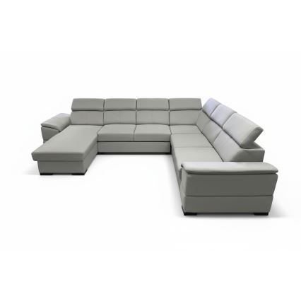 Išskleidžiama U formos kampinė sofa GRANADA su universaliu kampu ir patalpa daiktams, šviesiai pilka