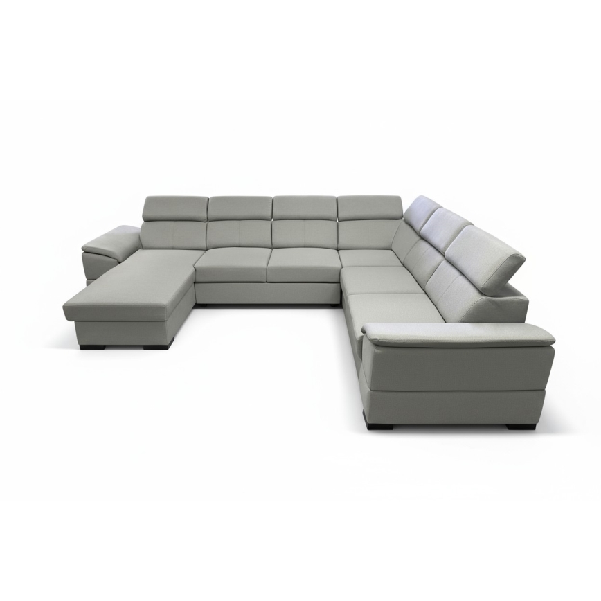 Išskleidžiama U formos kampinė sofa GRANADA su universaliu kampu ir patalpa daiktams, šviesiai pilka