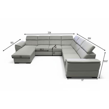 Išskleidžiama U formos kampinė sofa GRANADA su universaliu kampu ir patalpa daiktams, šviesiai pilka