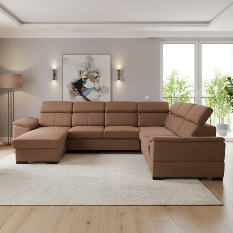 Išskleidžiama universali U formos kampinė sofa GRANADA, ruda, su talpia daiktų saugykla