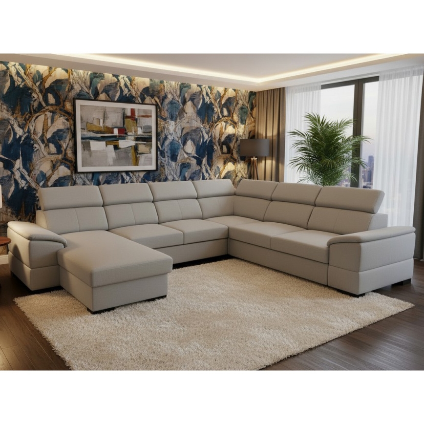 Išskleidžiama universali U formos kampinė sofa su talpia daiktadėže GRANADA, šviesiai pilka