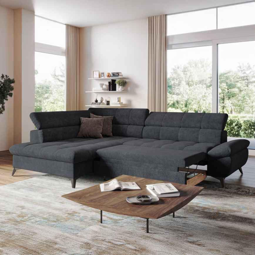 Išskleidžiamas kampinis L formos sofa MARANO, kairė, juoda