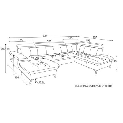 Išskleidžiamas kampinis minkštas kampas su daiktadėže U formos CATANIA dešinysis grafito spalvos