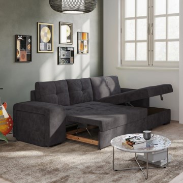 Ištraukiama PALERMO sofa-lova su patalynės dėže ir pufu, juoda, dešinės pusės