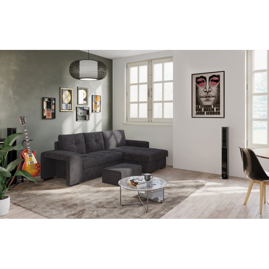 Ištraukiama PALERMO sofa-lova su patalynės dėže ir pufu, juoda, dešinės pusės