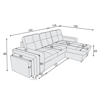 Ištraukiama PALERMO sofa-lova su patalynės dėže ir pufu, juoda, dešinės pusės