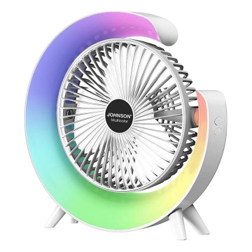 JOHNSON - RGB LED įkraunamas stalinis ventiliatorius, daugiaspalvis, LED/5W/3,7V 1200 mAh, skersmuo 14 cm, balta