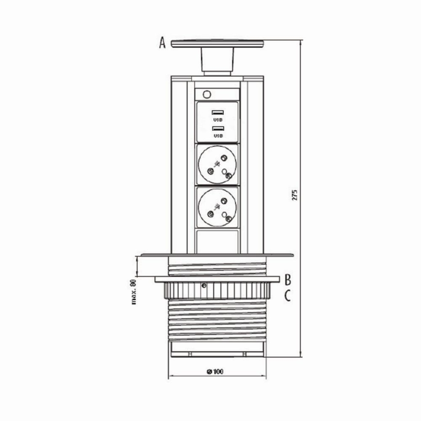 Jungiamasis kištukinis lizdas stalviršiui 2x230V +USB-A 3,1A +UBS-C 15,5W 230V