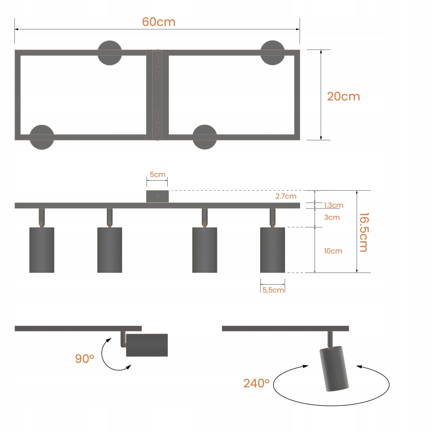 Juodas taškinis šviestuvas 4xGU10/30W/230V
