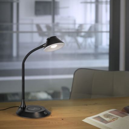 JUST LIGHT. 14414-18 - Reguliuojama lanksčioji stalinė lempa su belaidžiu įkrovimu PUCKI LED/4,5W/230V juoda