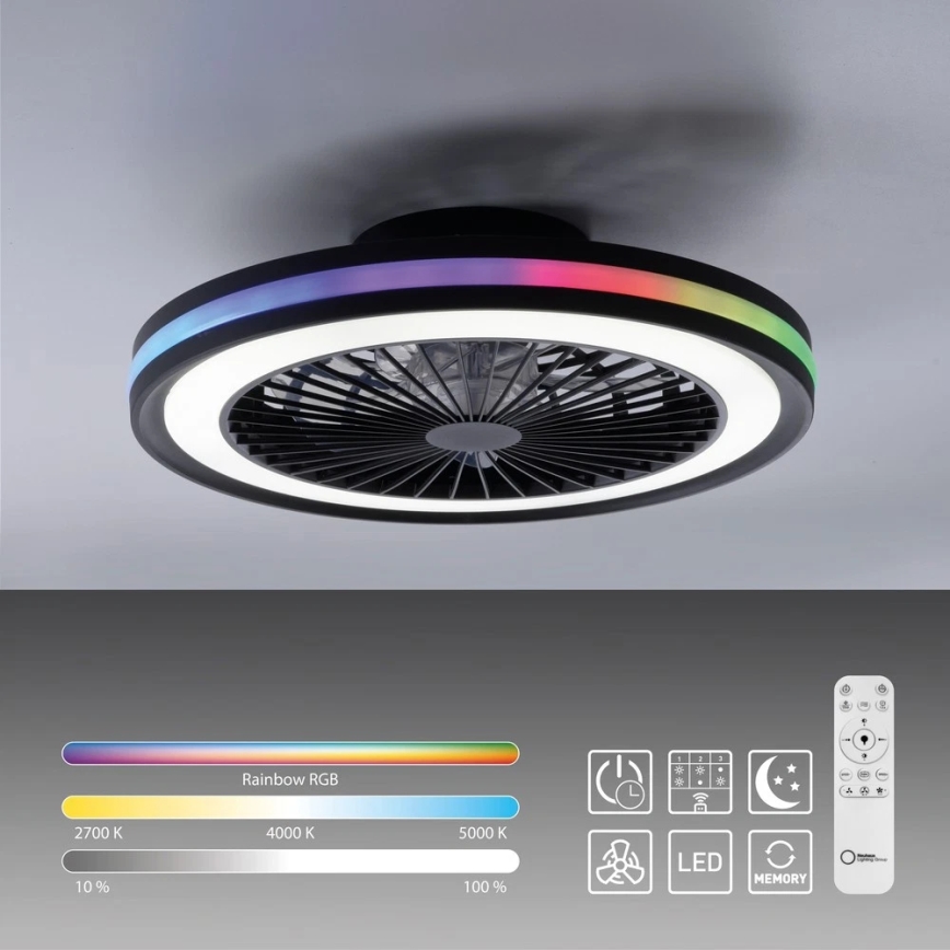 JUST LIGHT. 14649-18 - LED RGBW Reguliuojamas lubų ventiliatorius su apšvietimu BRANDON LED/36W/230V 2700-5000K skersmuo 46,5 cm juodas + nuotolinio valdymo pultas