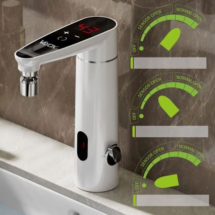 Jutiklinis vandens srauto šildytuvas su sensoriumi ir LED ekranu 3000W/230V IPX4 baltas