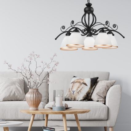 Kabantis šviestuvas ant grandinės RETRO II 5xE27/60W/230V, matinė juoda spalva