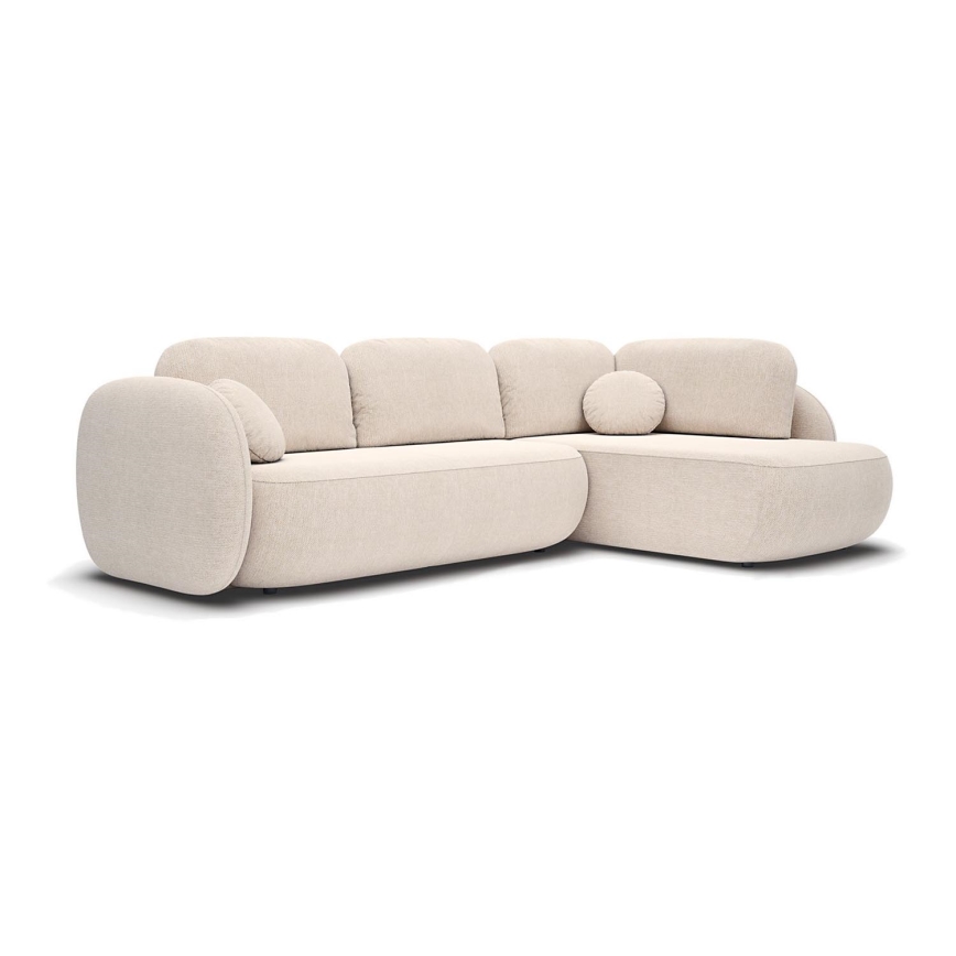 Kampinė išskleidžiama sofa su daiktadėže L formos OLBIA dešinė, smėlio spalvos