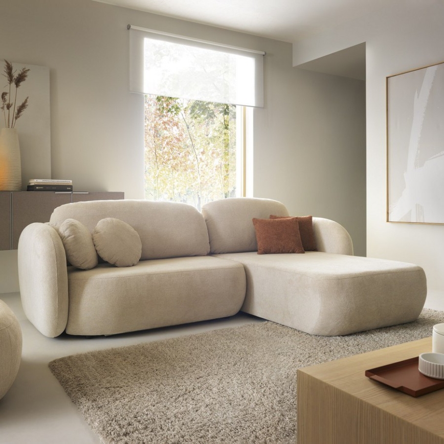 Kampinė L formos išskleidžiama sofa-lova OLBIA, dešinės pusės, smėlinė, su patalynės dėže