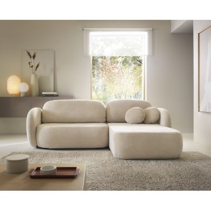 Kampinė L formos išskleidžiama sofa-lova OLBIA, dešinės pusės, smėlinė, su patalynės dėže