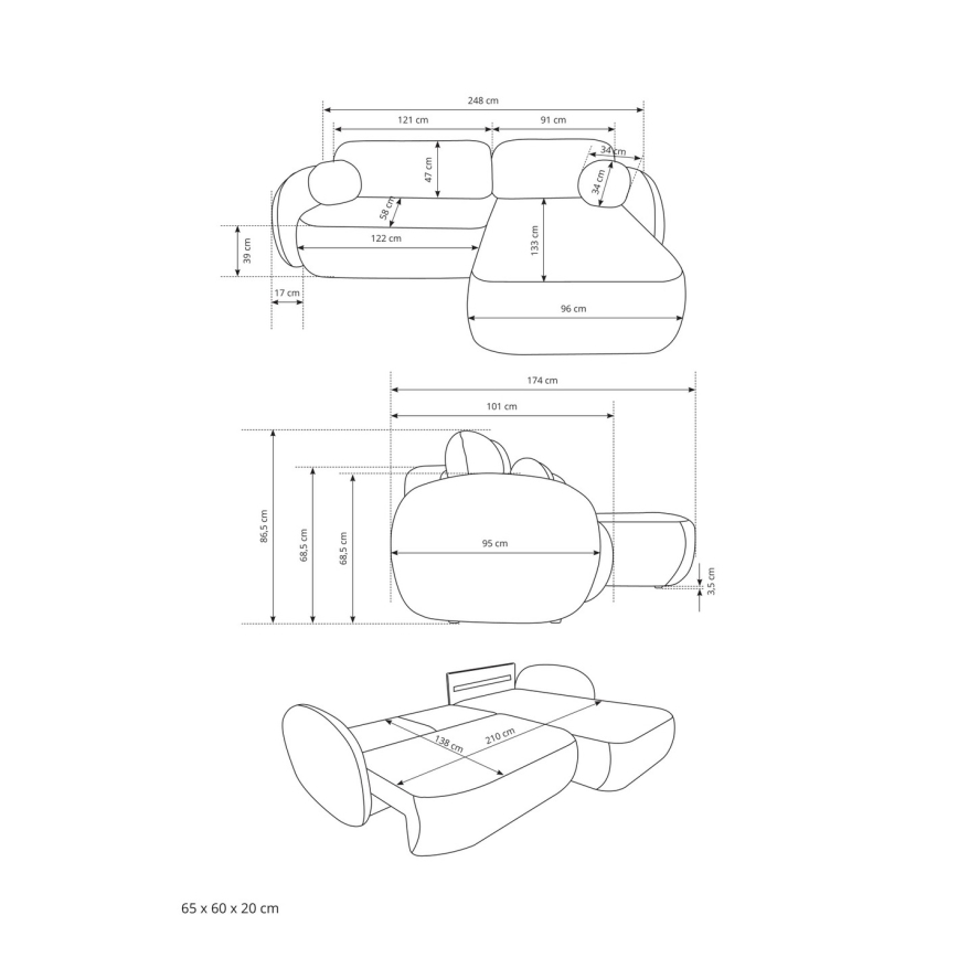 Kampinė L formos išskleidžiama sofa su daiktadėže OLBIA, dešinės pusės, smėlinė
