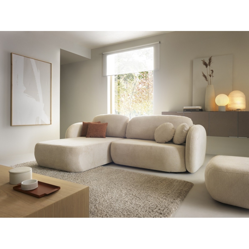 Kampinė išskleidžiama sofa su daiktadėže L formos OLBIA kairė, smėlio spalvos