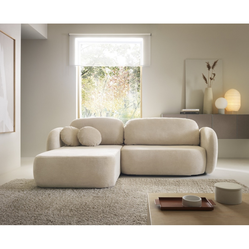 Kampinė išskleidžiama sofa su daiktadėže L formos OLBIA kairė, smėlio spalvos